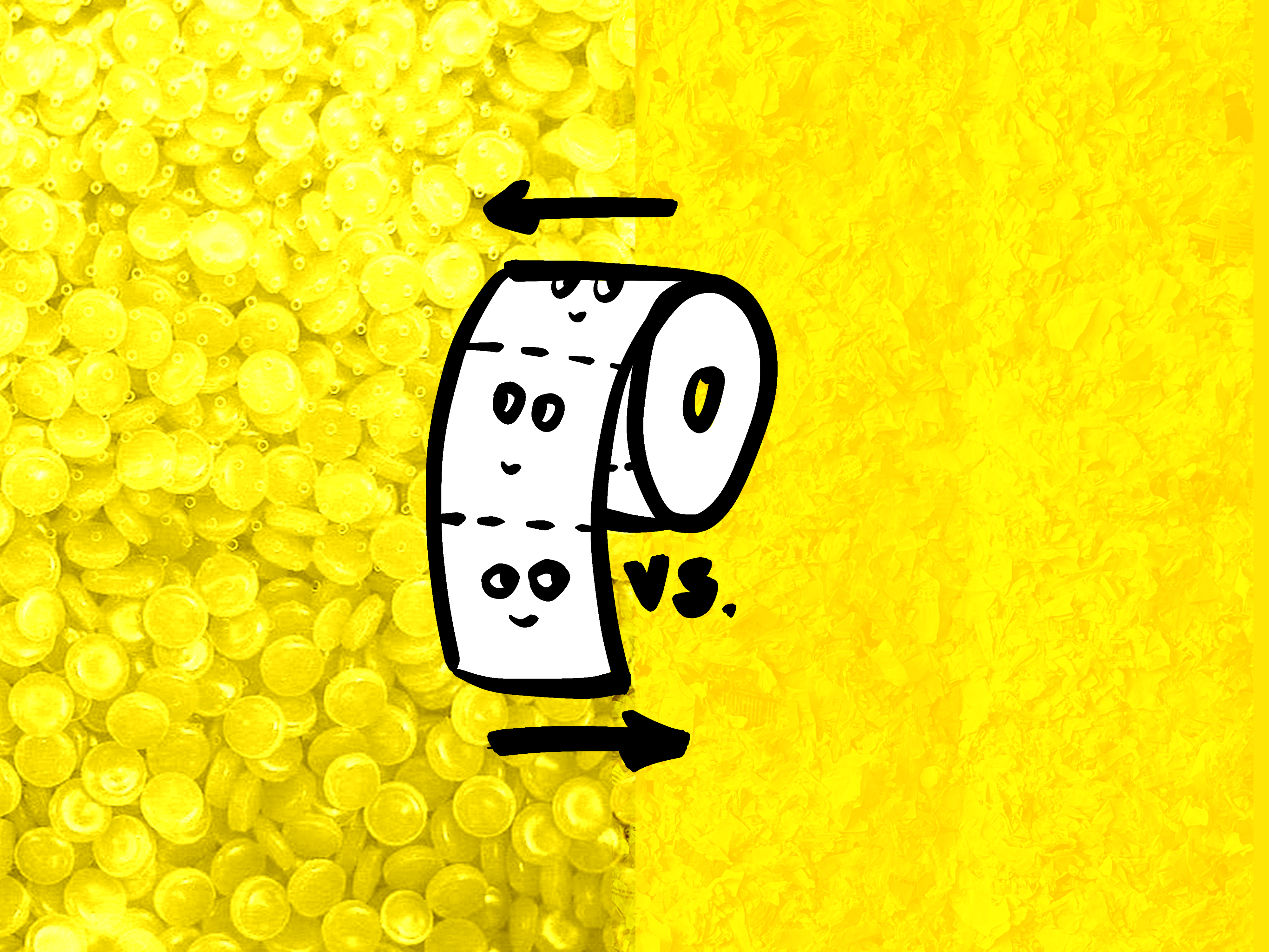 Illustration einer Klopapier-Rolle vor einem gelben, zweigeteilten Hintergrund - auf der einen Seite ist Plastik-Granulat, auf der anderen Seite Altpapier