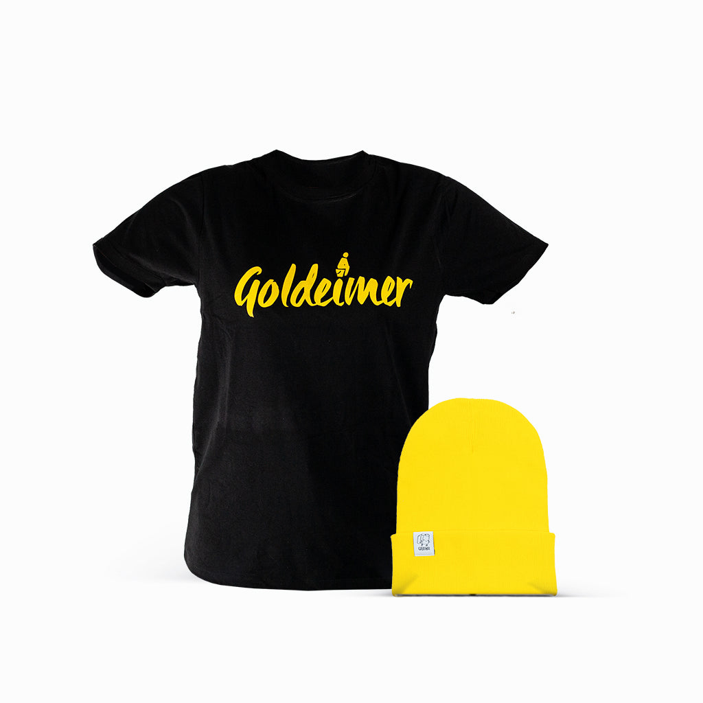 Shirt schwarz Goldeimer Logo & »Klorolle« Beanie