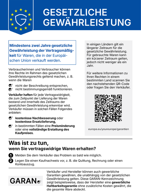 Gesetzliche Gewährleistung: 2 Jahre